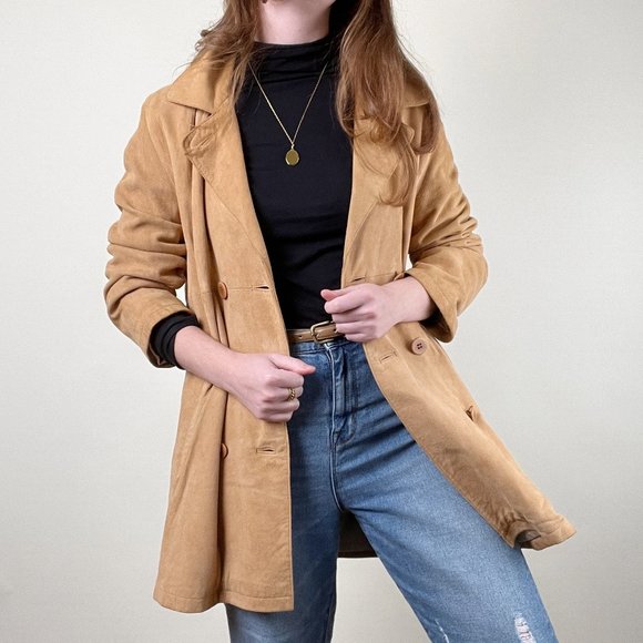 Vintage Suede Leather Camel Double Breasted Peacoat Trench Jacket Coat Shacket - Picture 5 of 7